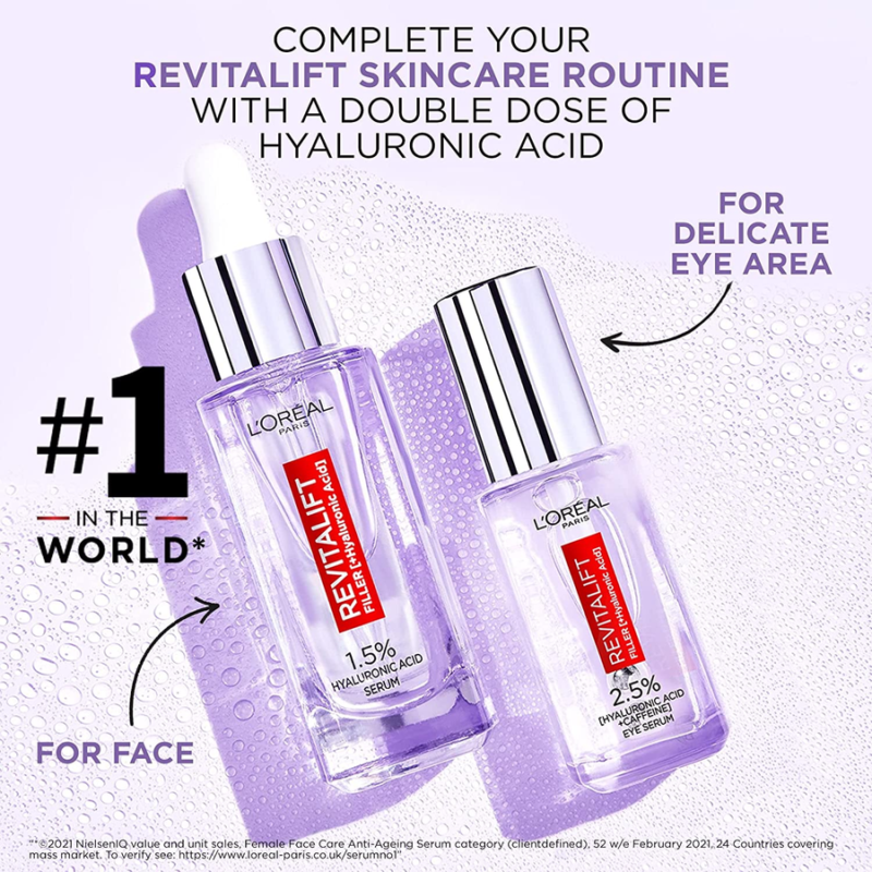 Serum de ojos de Hyaluronic Acid and Caffeina, Revitalift Filler Eye Serum, rellena, ilumina y deshincha los ojos - Imagen 2