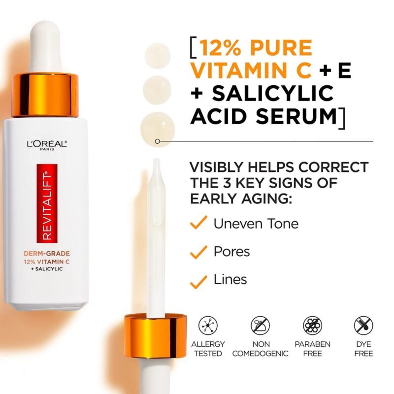 L’Oréal Paris Revitalift - Suero de vitamina C 12% puro, vitamina E, ácido salicílico, hidratante, suavizante e iluminador, muestra no grasosa + hidratante - Imagen 4